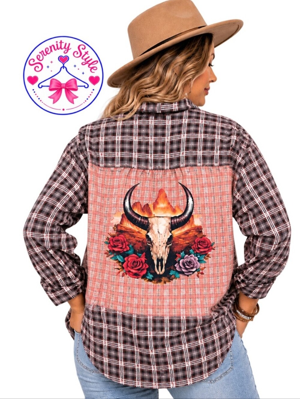 St. John’s Bay XXL Bleached Plaid Flannel Cow Skull Graphic Boho Western